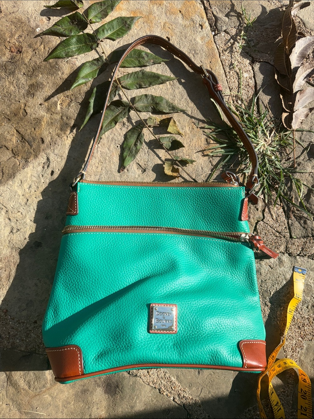 Dooney & Bourke Teal Pebbled Leather Crossbody with Brown Trim